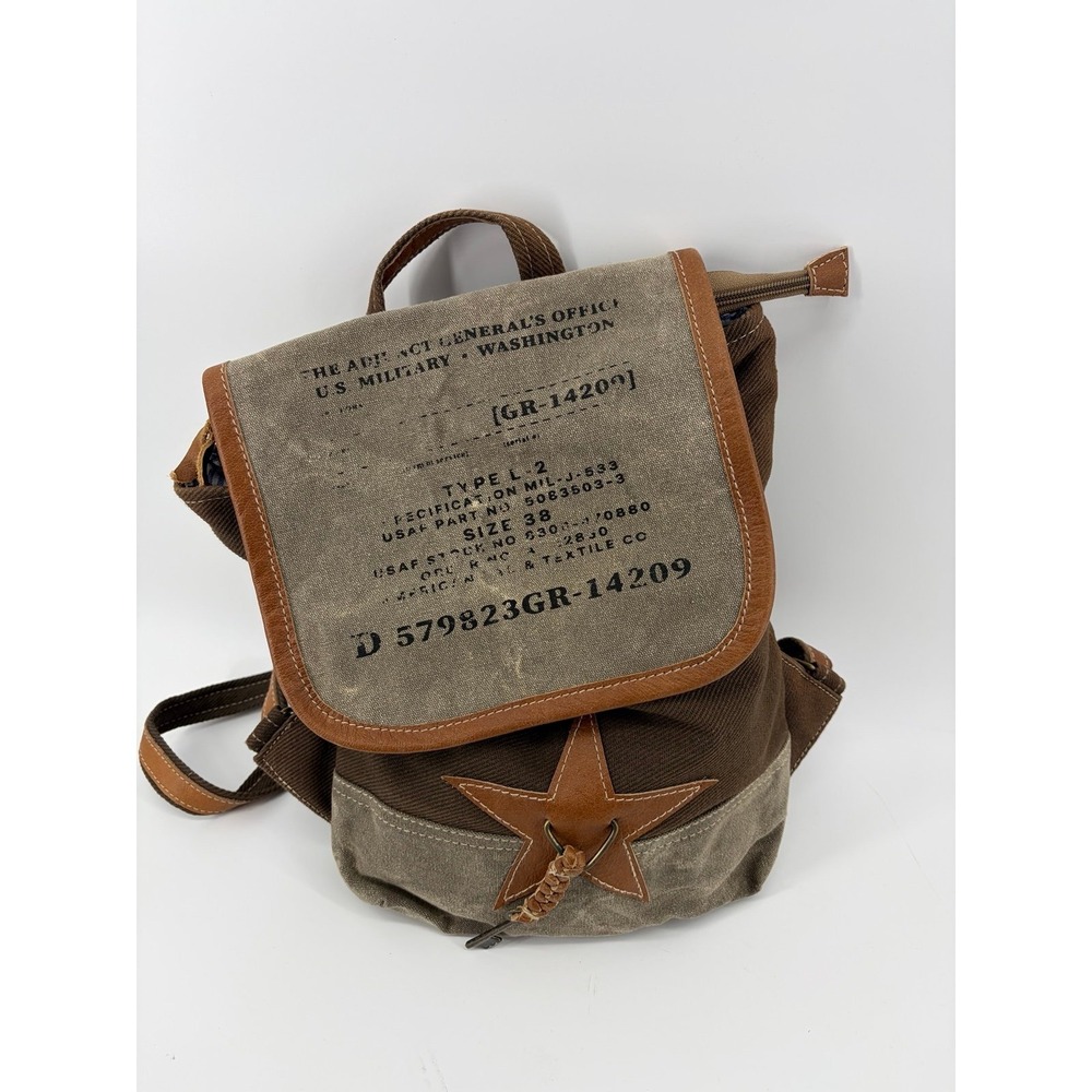 Upcycled Military Tent Canvas Backpack, Large Flap Over Handbag W/Leather Star